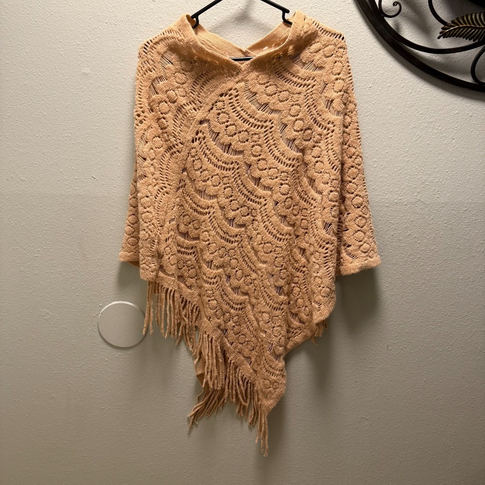 Boho Crochet Knit Fringe Poncho Shawl Beige Scallop Lace Pattern OS festival